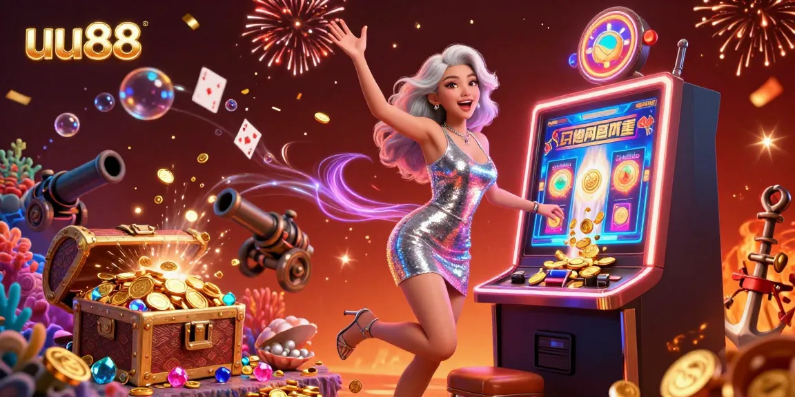 uu88 slots display golden coins erupting from a playful Asian woman in dazzling attire.
