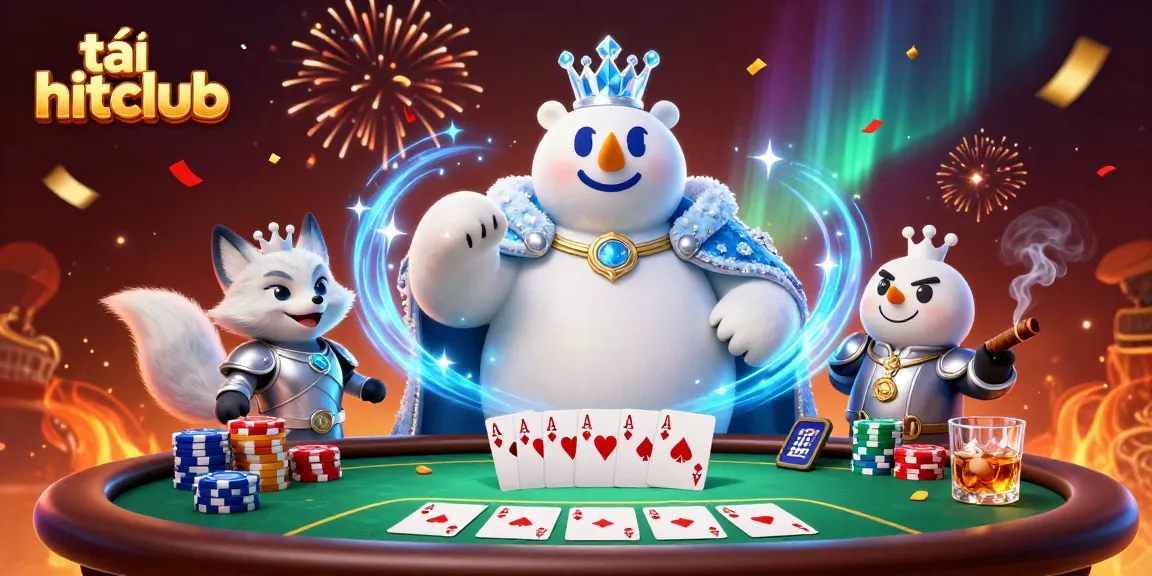 Engage with the vibrant scene tải hitclub featuring a dynamic polar bear ice king and a snow fox at a poker table.