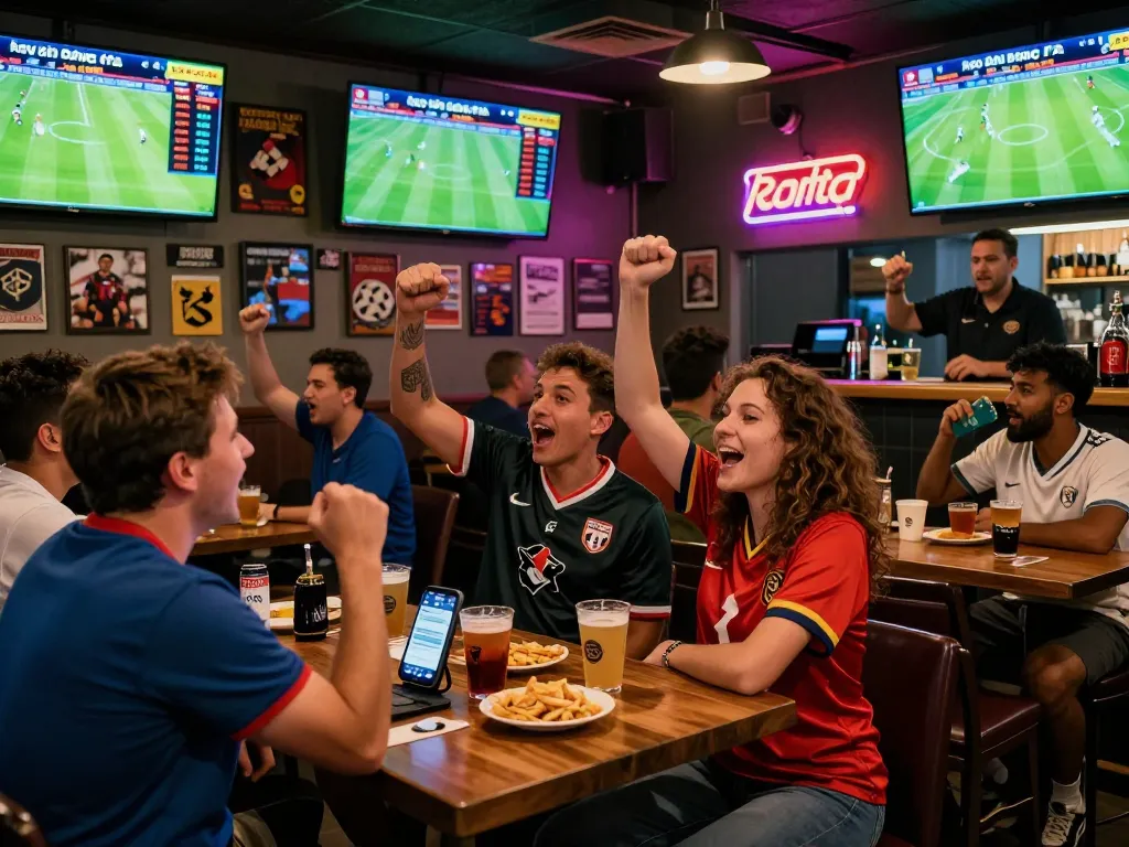 Cheering fans enjoying kèo bóng đá action in a vibrant sports bar with multiple screens.