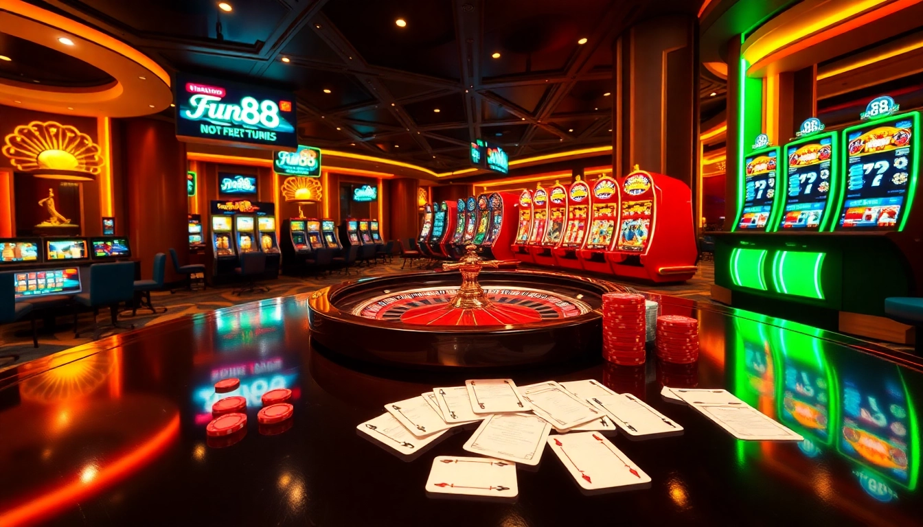 Fun88 online gamblers engaging with casino games at a vibrant gaming table.