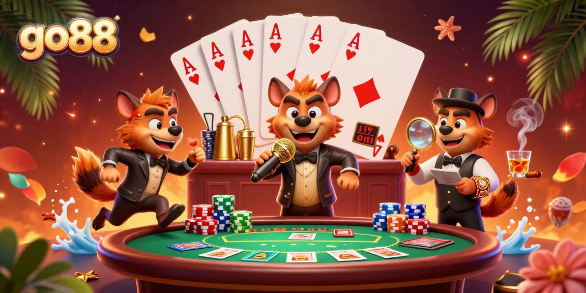 Experience go88's vibrant 3D casino scene with hyenas enjoying comedy gaming action.