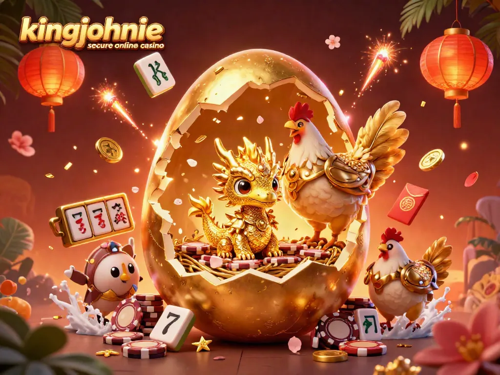 Engaging scene of a baby dragon and golden hen at kingjohnnie secure online casino, surrounded by vibrant casino elements.
