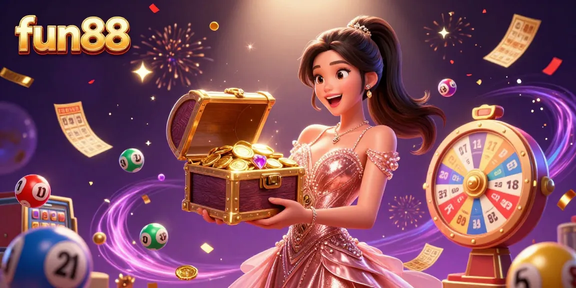 Experience excitement with fun88 in this vibrant casino scene featuring a treasure chest of riches.