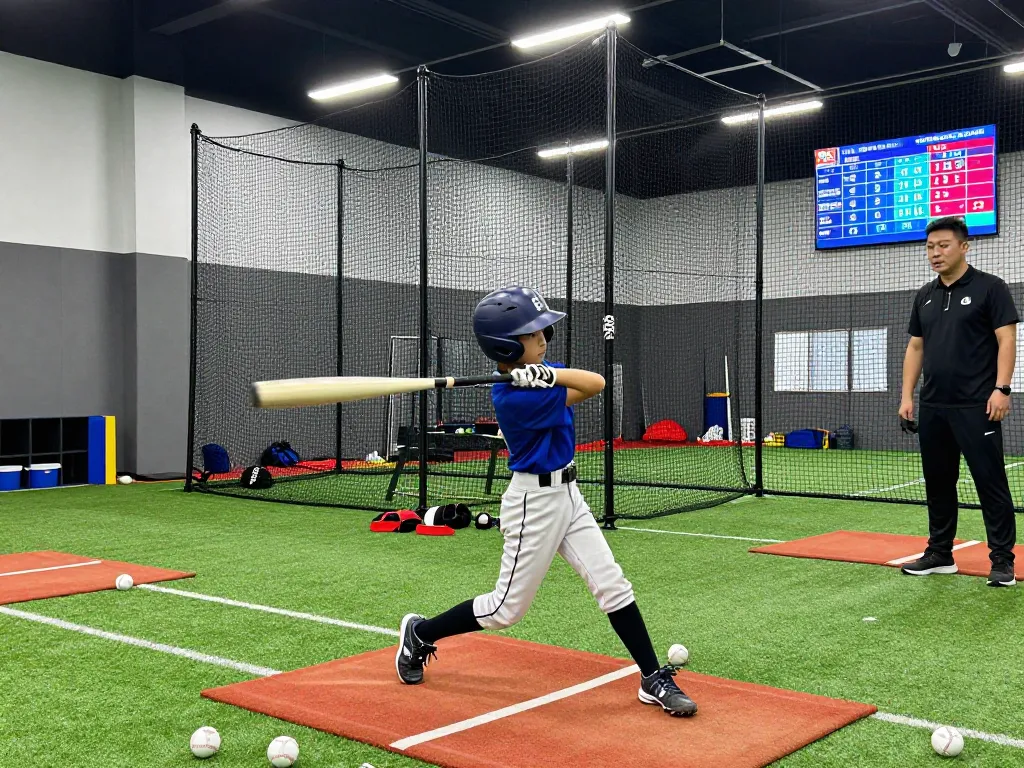 Young athlete at hitclub batting cage practicing baseball swing
