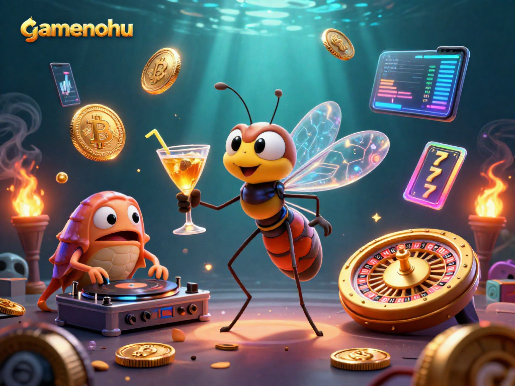 Experience gamenohu's vibrant casino scene with exciting slot reels and iconic symbols.