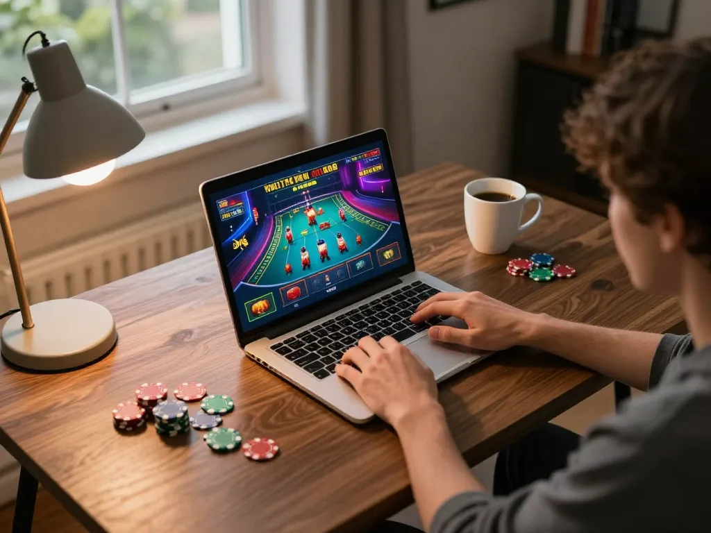 Player engaging in online casino gaming at home with 33win displayed on the screen, showcasing interactive elements and a cozy atmosphere.