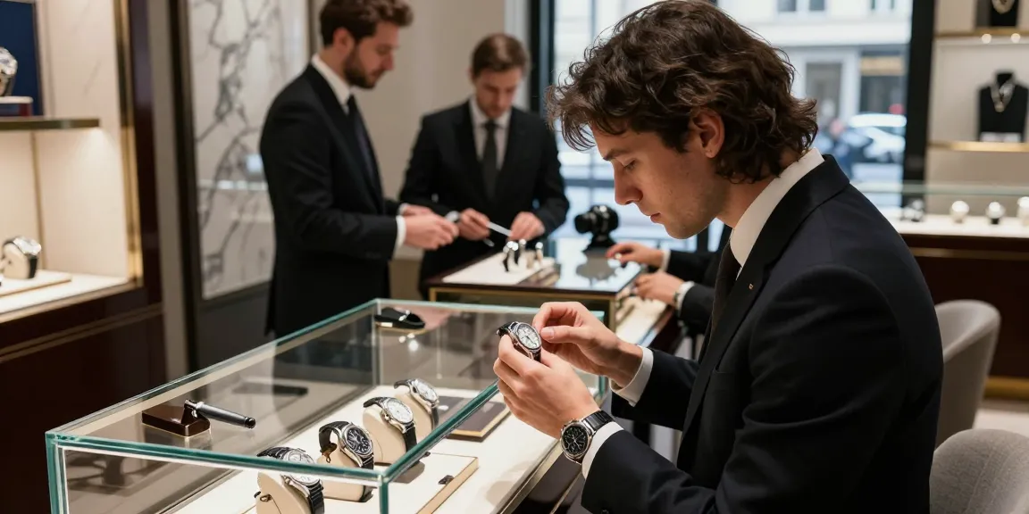 Examining a premium replica watch in a luxurious showroom environment.
