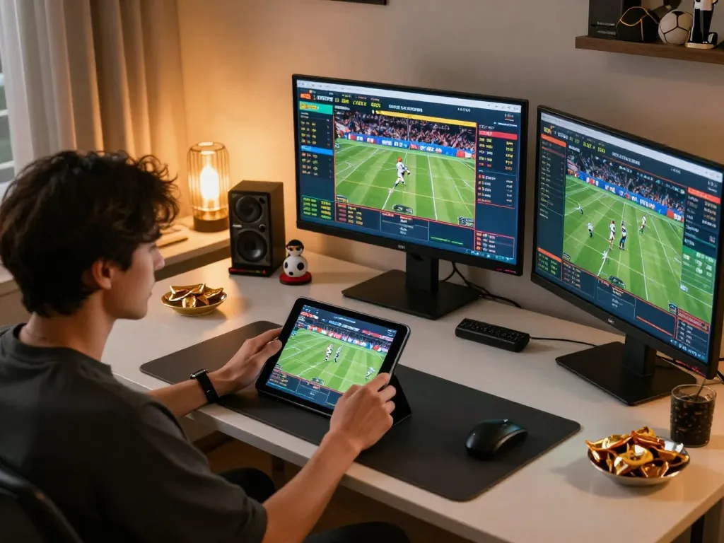 Engaged player sports betting at home using https://98winn.net/ on tablet, showcasing strategic gameplay