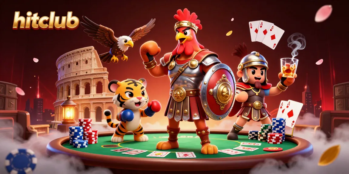 Hitclub's immersive 3D illustration of a rooster gladiator amidst poker excitement, showcasing thrilling game elements.