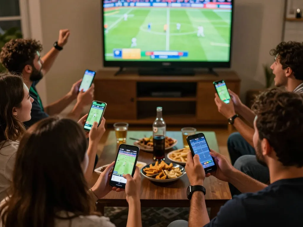 Exciting sports betting scene with friends enjoying the game and using bongdalu88 app for live stats and betting