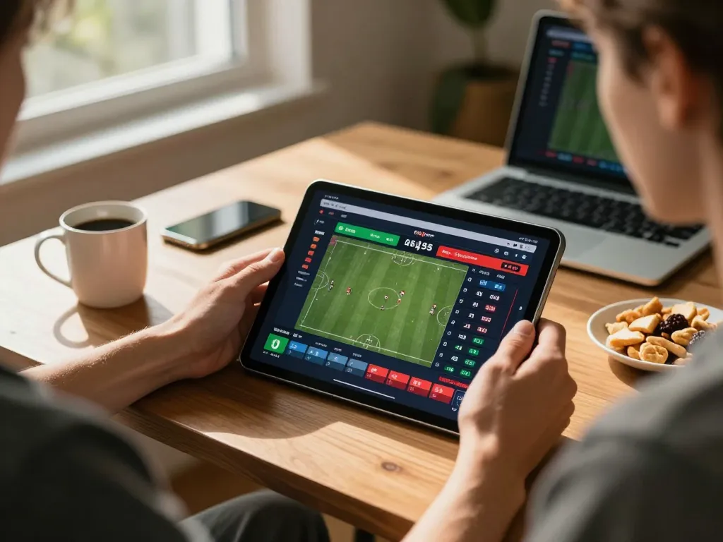 XX88 player analyzing betting odds on tablet at home, strategy and convenience combined in sports betting.