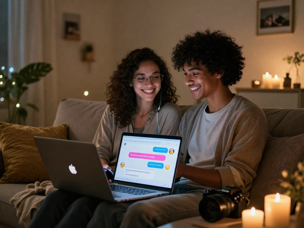 Couple enjoying ai chat porn on modern laptops, creating a playful and intimate atmosphere.