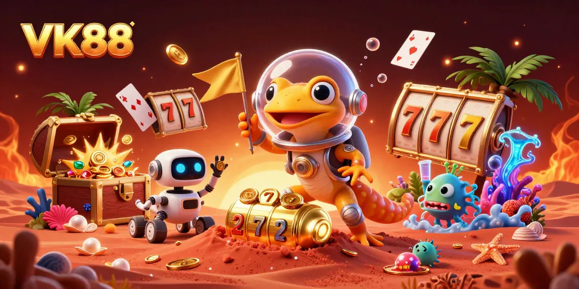 Engage in thrilling gameplay at VK88 with a vibrant Martian-themed casino scene full of gold and excitement.