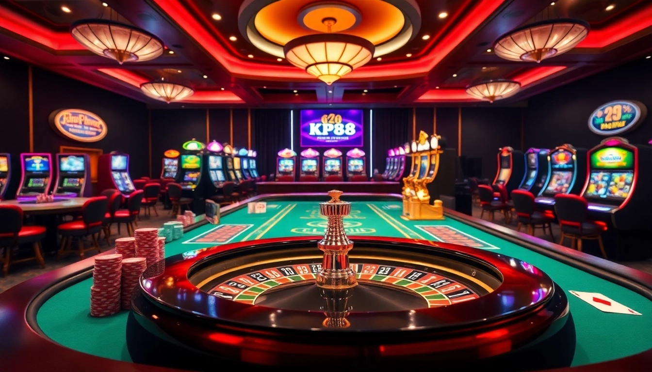 Experience the thrill of KP88 at a luxurious casino table with vibrant colors and exciting gaming elements.