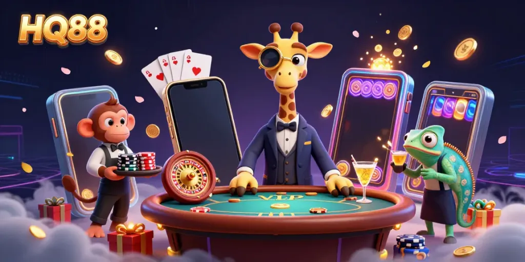 Engage in thrilling gaming experiences at HQ88 Casino featuring dynamic casino characters and vibrant game elements.