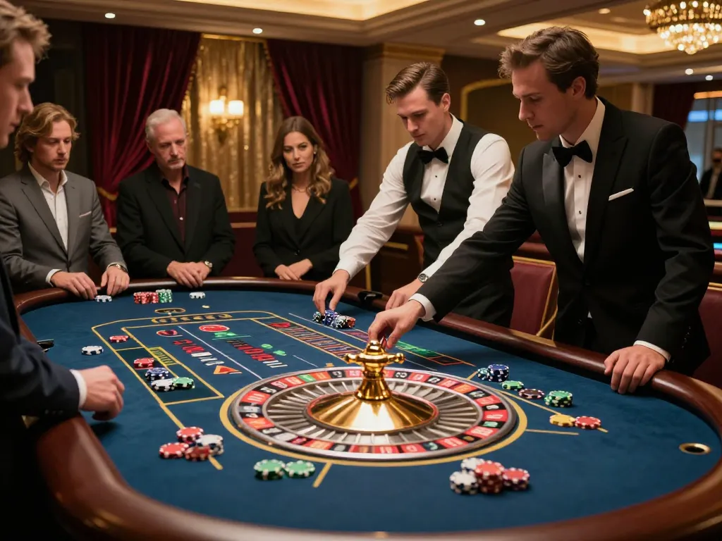 Exciting roulette game at gamebaidoithuong8 casino, players focused on spinning wheel.