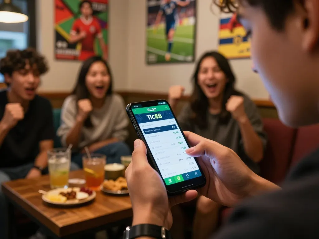 Engaging live sports betting experience on a tic88 app with friends enjoying the game