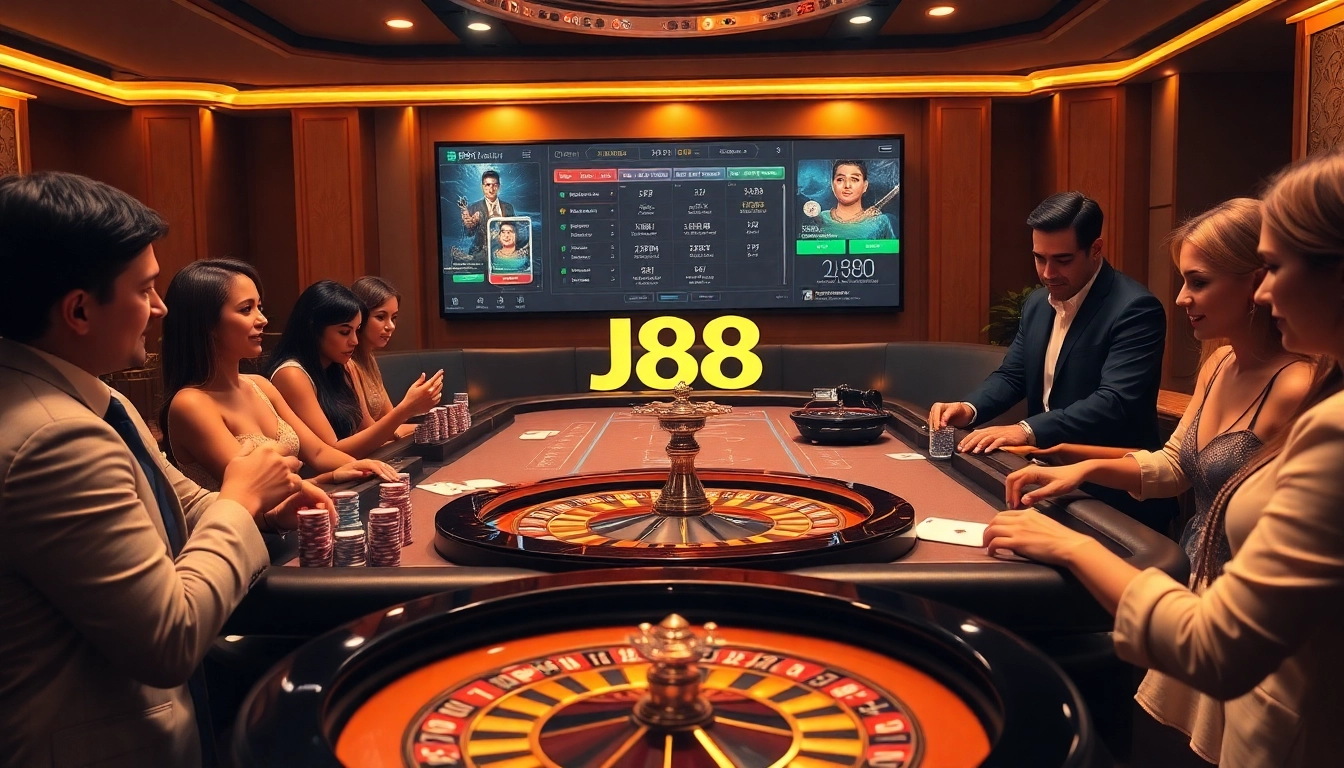Players experience excitement at the J88 casino table with vibrant poker chips and cards.
