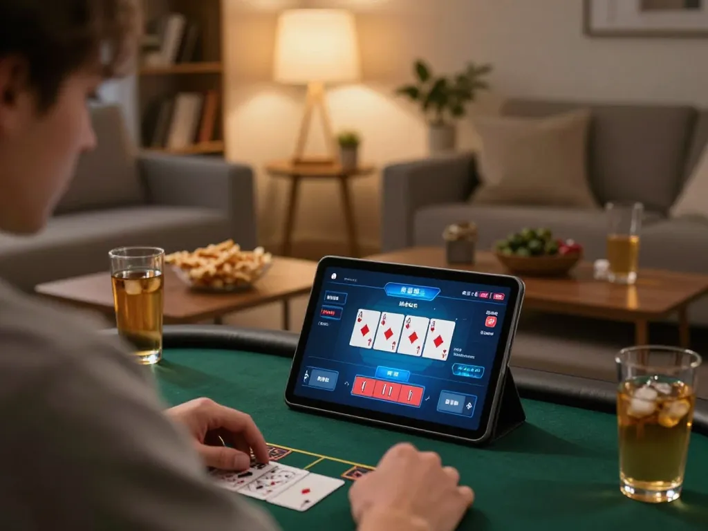 Engaging in online poker at trang chủ 789win with a tablet on a cozy living room setup, showcasing strategic gameplay.