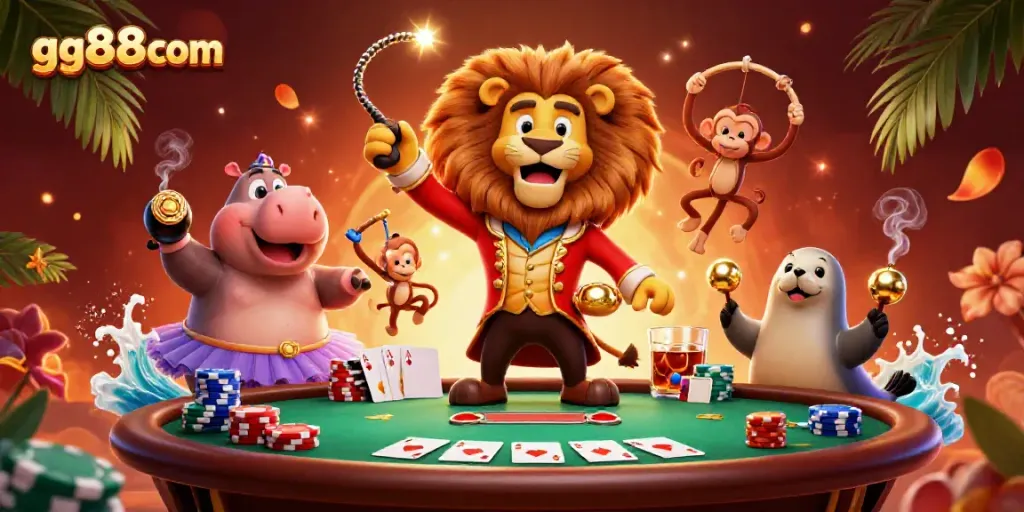 Experience the thrill of gaming with gg88com's vibrant 3D casino scene featuring lively characters.