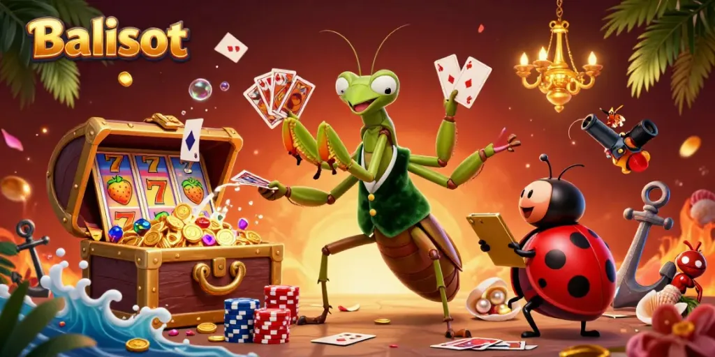 Balislot casino scene showcasing dynamic gameplay with slot reels, a card sharp, and engaging visual elements.
