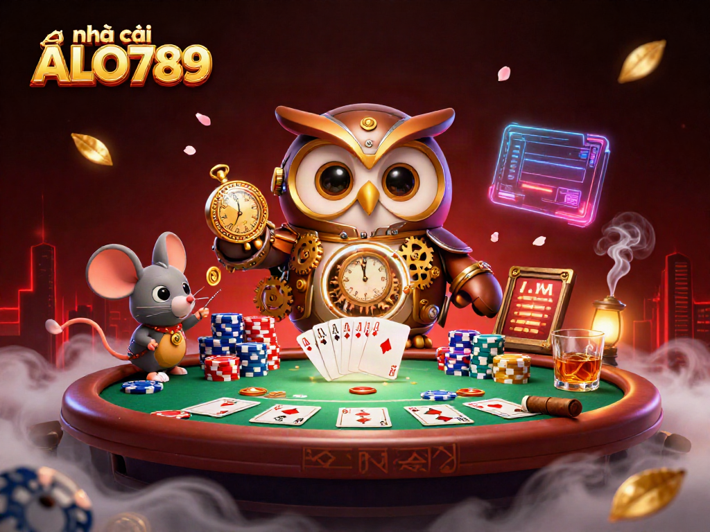 Engage with nhà cái ALO789 in a rich casino scene featuring a steampunk owl and vibrant poker elements.