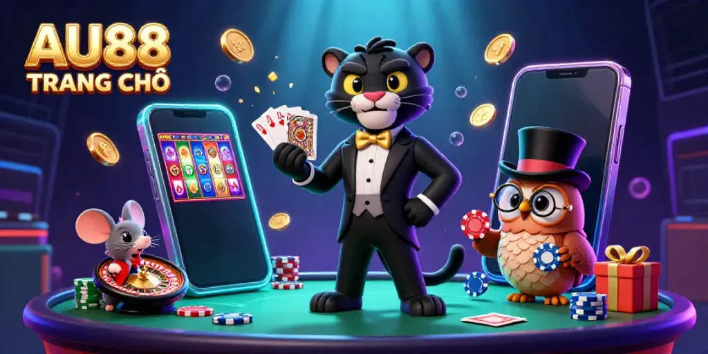Engage with AU88 TRANG CHỦ by marveling at stylish characters in a vibrant casino illustration filled with action.