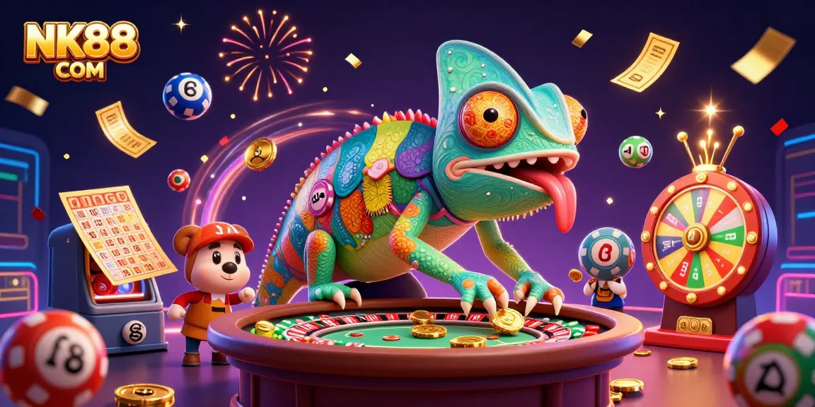 Engaging NK88 COM illustration featuring a vibrant chameleon casino owner with dynamic gaming elements.