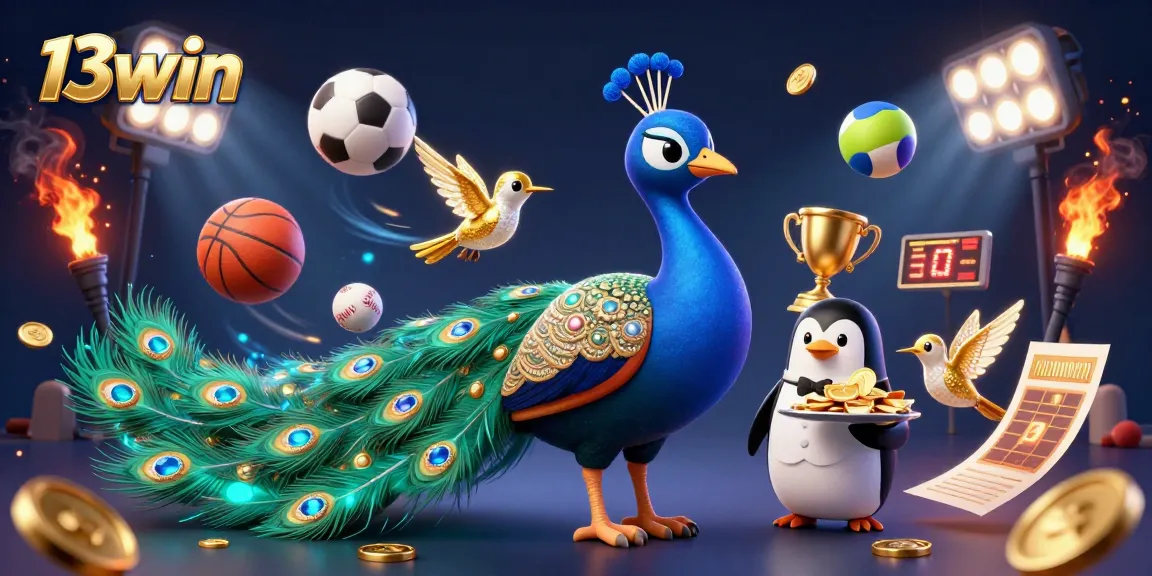 Experience the thrill of 13win with vibrant 3D casino elements, including a peacock and dynamic sports actions.