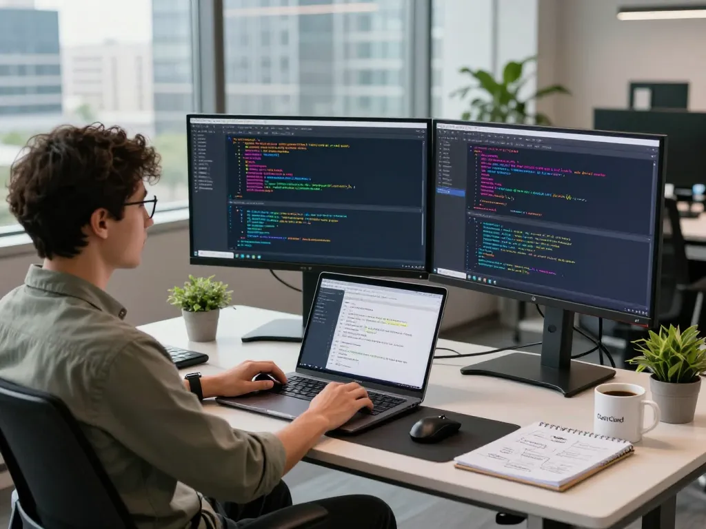 Developer using OpenClawd AI personal assistant on multiple screens in a modern workspace, showcasing advanced coding capabilities and productivity.