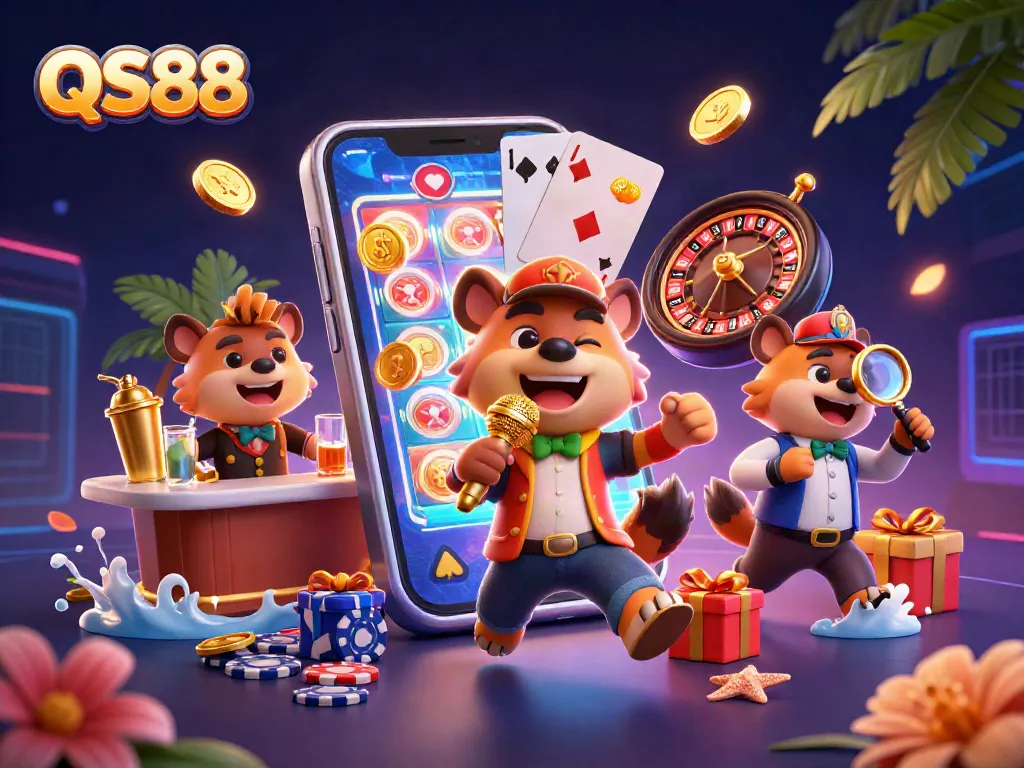 Join the fun at QS88 as hyenas run a comedy casino club with vibrant gambling elements.