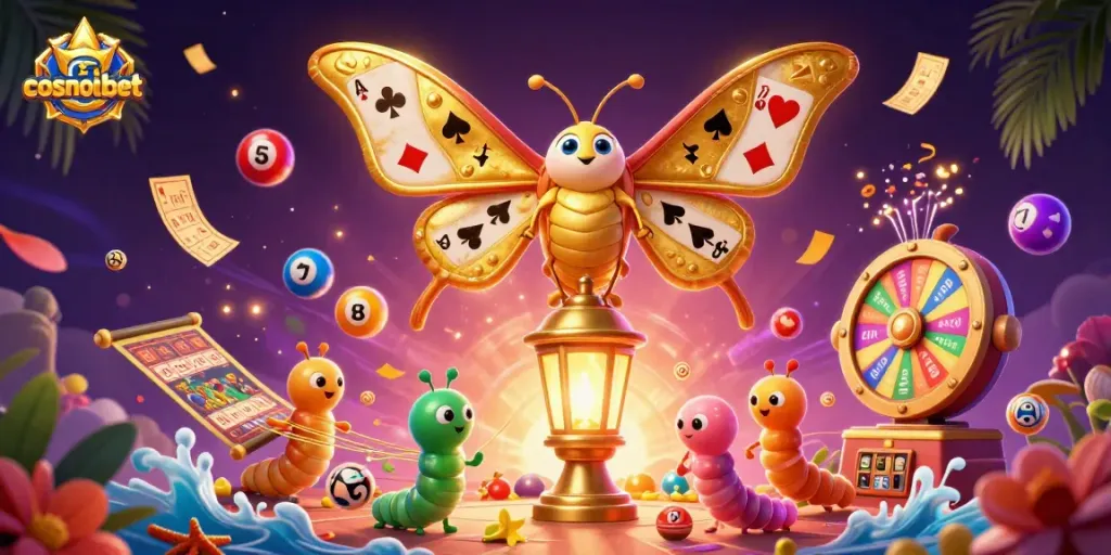 Engage with cosmobet through this vibrant 3D illustration showcasing colorful lottery elements and casino themes.