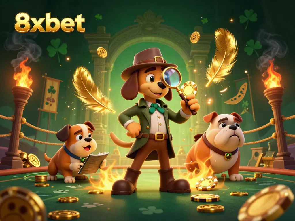 Explore the exciting world of 8xbet with cartoon characters solving a casino mystery.