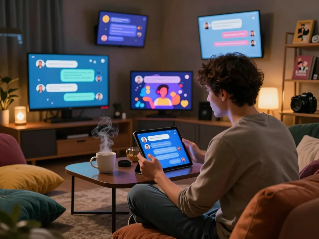 Interactive AI porn chat experience showcased in a cozy lounge.
