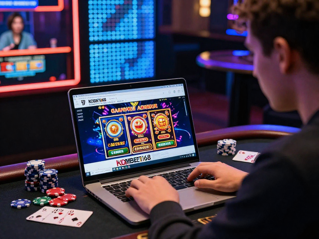 KOMBET168 online gambling experience with player focused on virtual casino games and interactive elements, vibrant atmosphere.