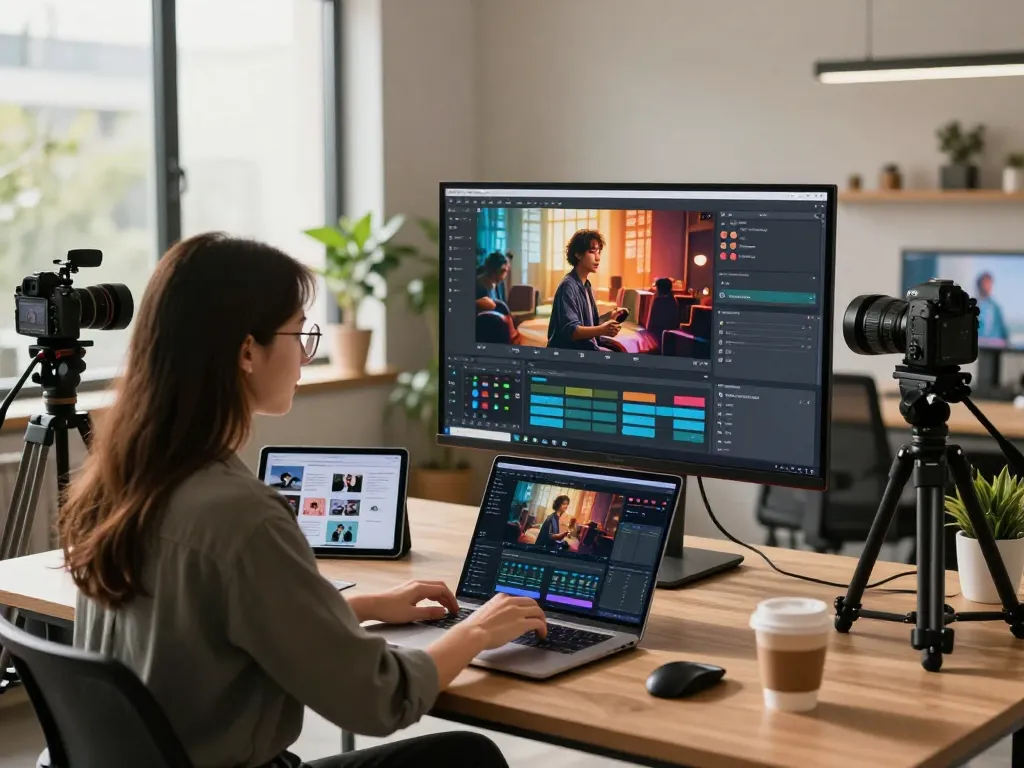 Seedance AI empowering a content creator in a modern workspace with vibrant video generation.