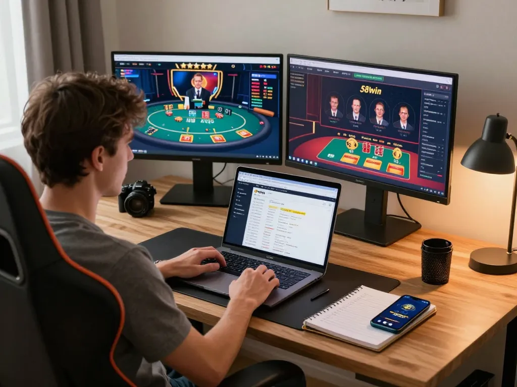 Engaging in strategic betting with the 58win app on a multi-screen home gaming setup, promoting responsible gambling.