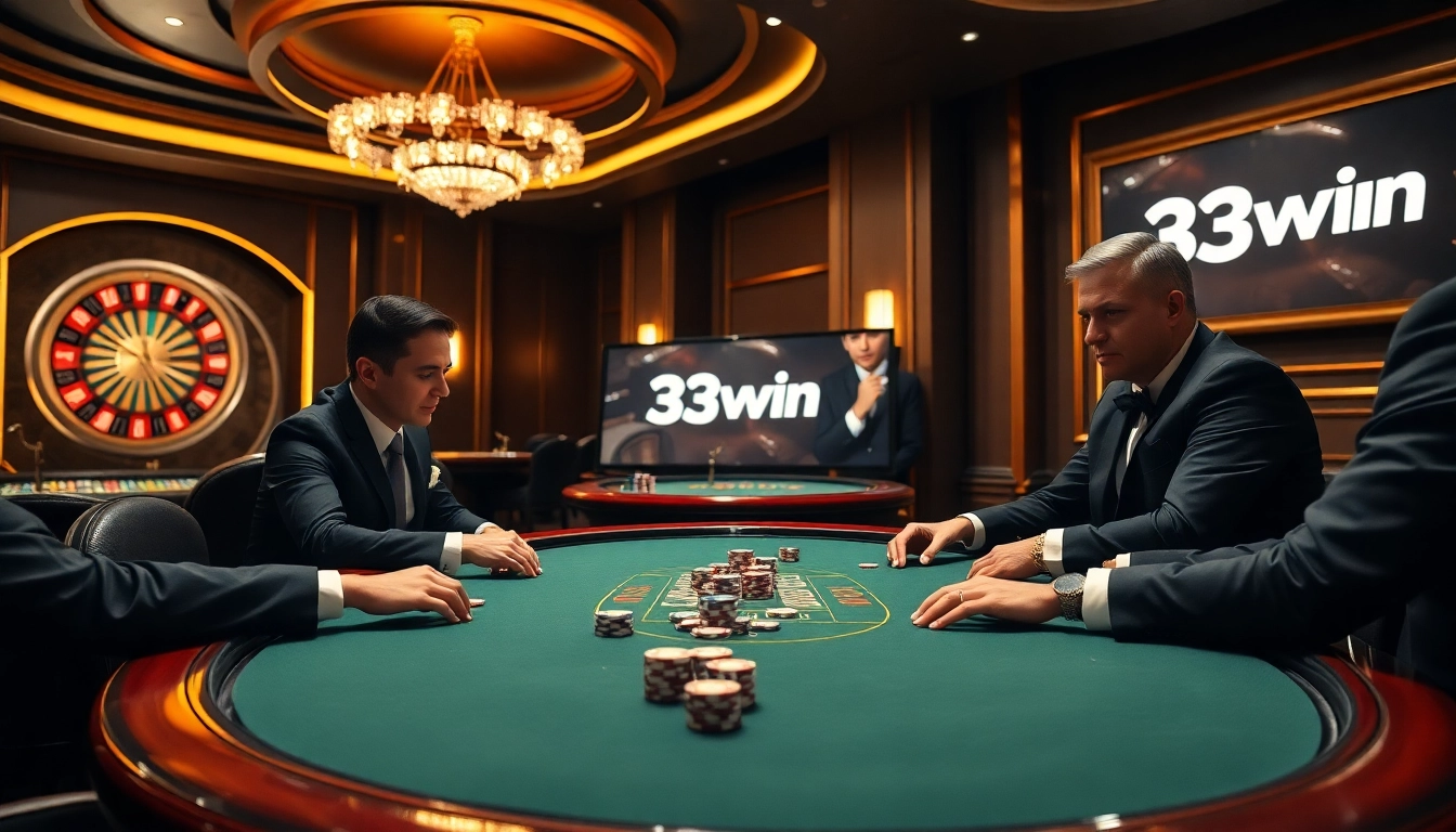 Experience intense poker action at 33win's luxurious casino table with vibrant chips.