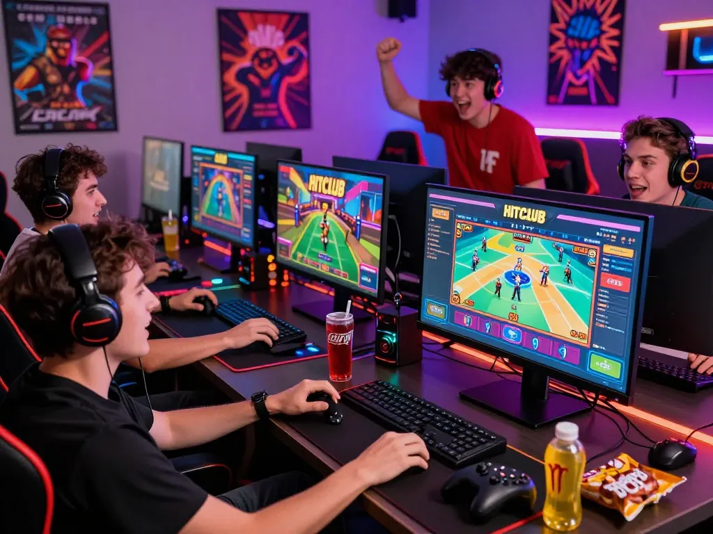 Hitclub gaming scene showing friends enjoying online games in a vibrant atmosphere