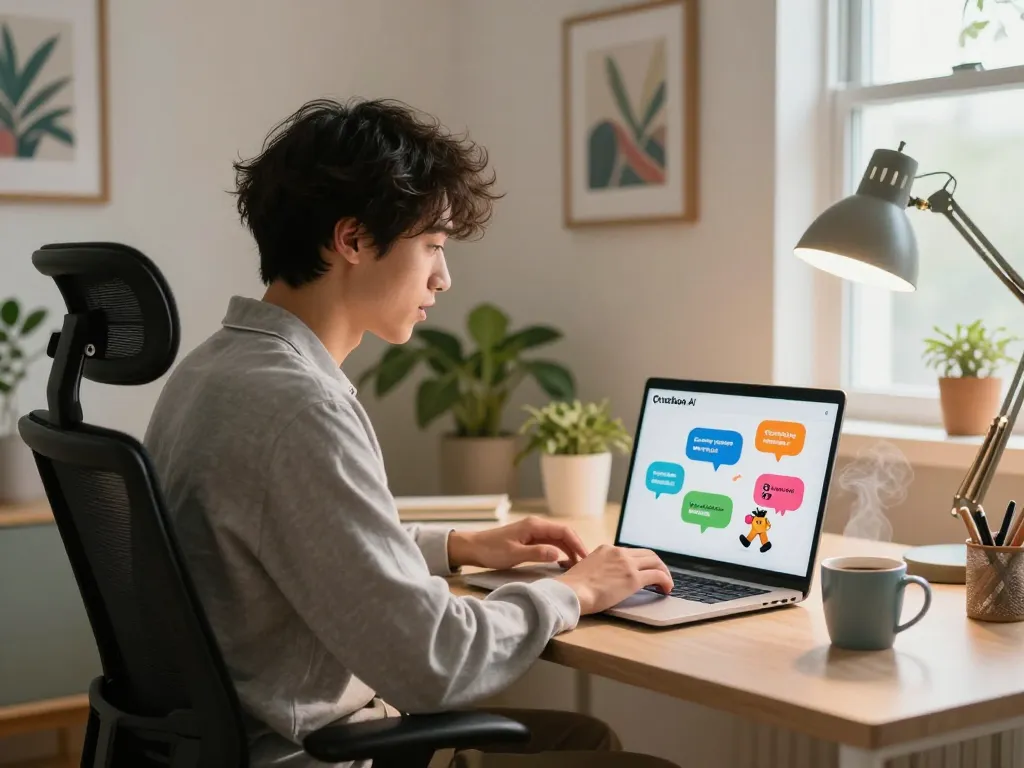 Engaging chat scene with Crushon AI on a laptop in a cozy home workspace.