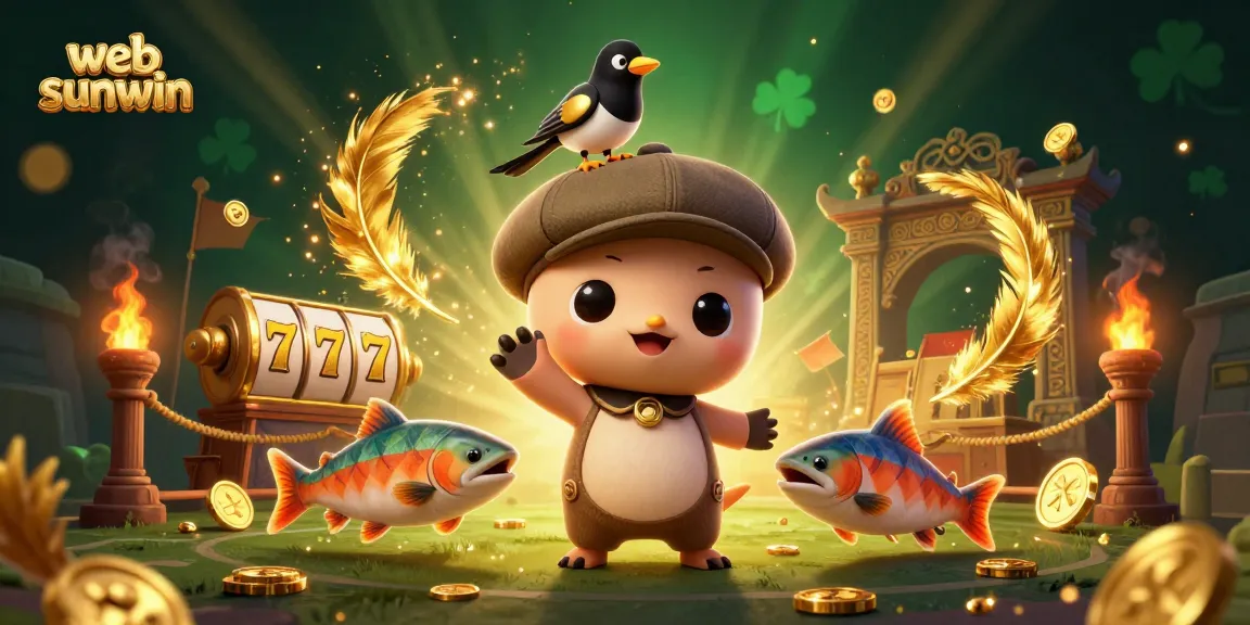 Experience exciting gameplay with web sunwin, featuring cartoon characters and slot reels in a dynamic casino scene.