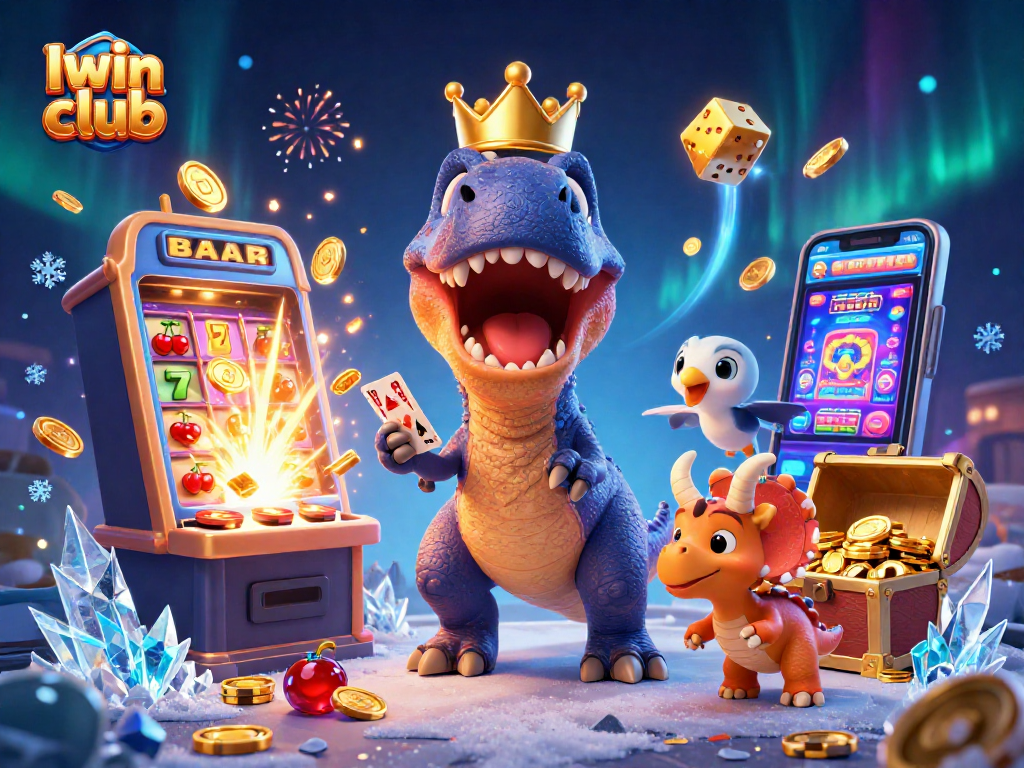 Iwin club showcases a friendly T-Rex playing cards with dynamic casino elements and jackpot excitement.