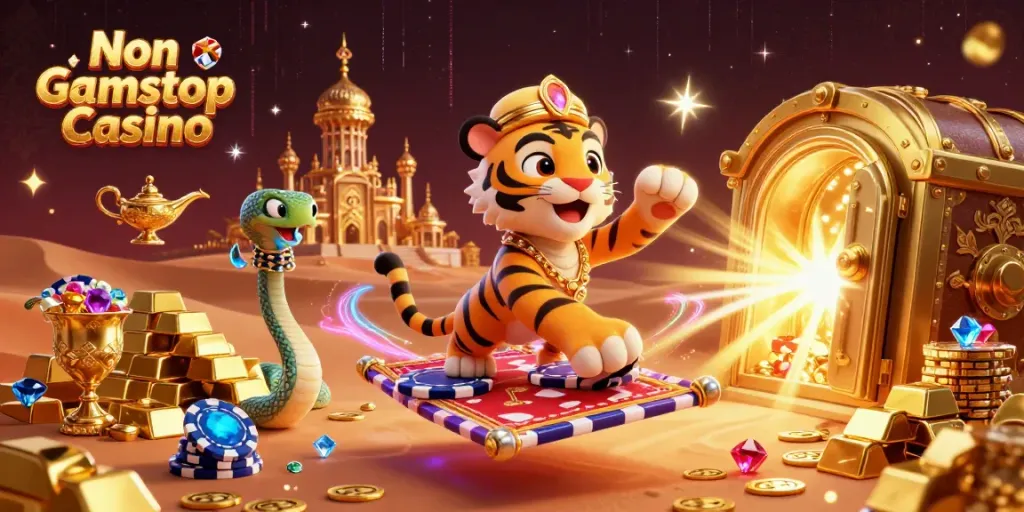 Engage with the enchanting Non Gamstop Casino scene featuring a tiger sultan and magical elements.