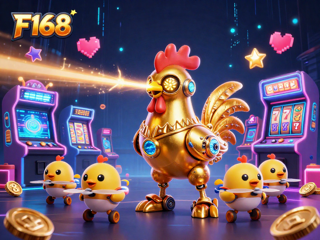 Experience thrilling gaming with F168's vibrant casino adventure featuring golden rooster robots