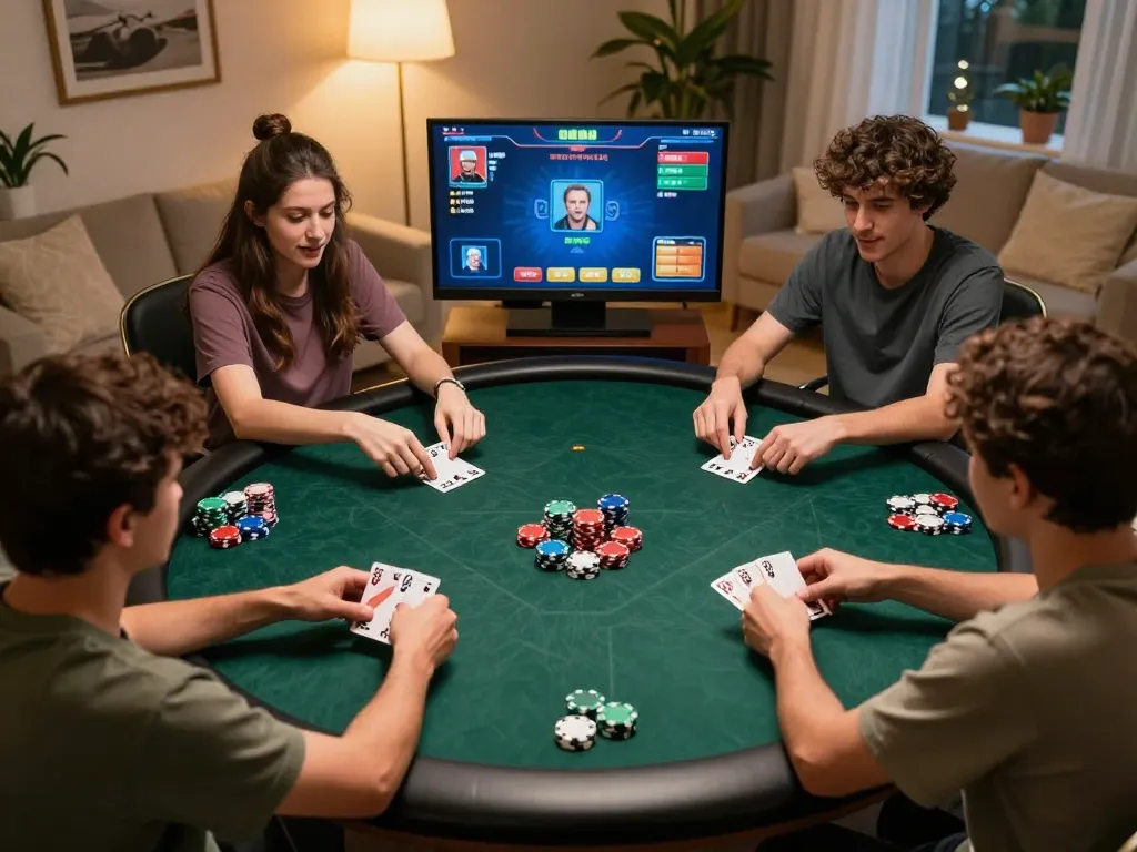 Players engaging in a strategic online poker game on gem88, with vibrant chips and a dynamic interface.