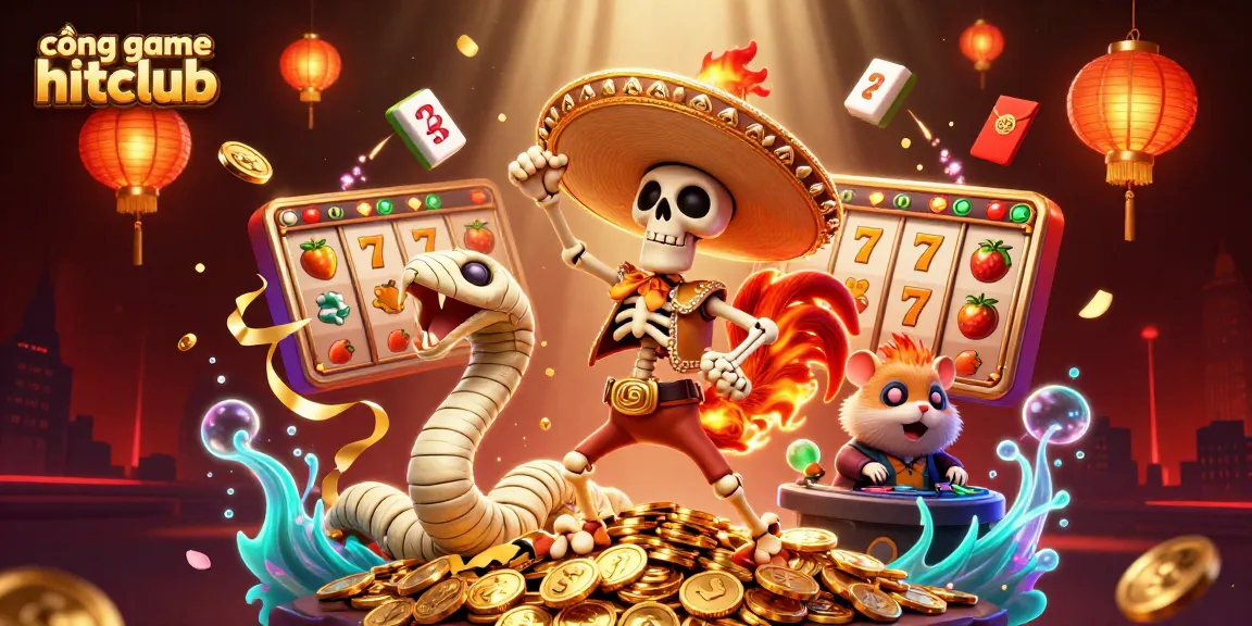 Experience the vibrant energy of cổng game hitclub with a dancing skeleton and festive casino elements.