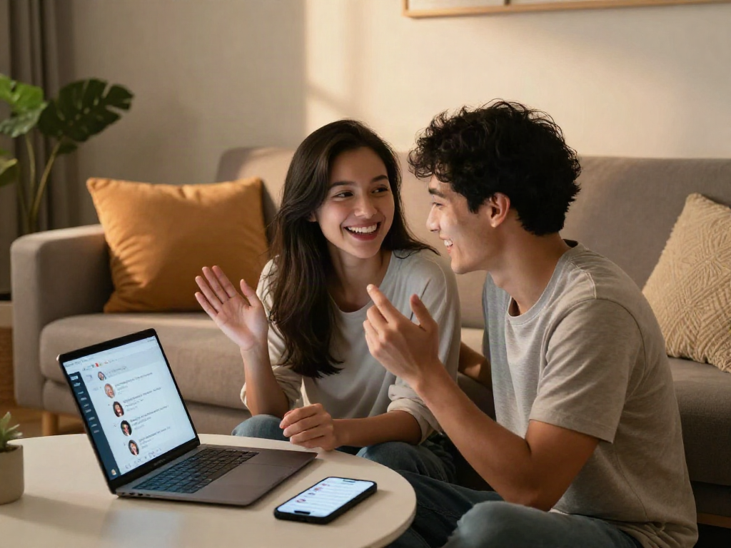 Engaging AI chat porn interaction between a couple in a cozy living room