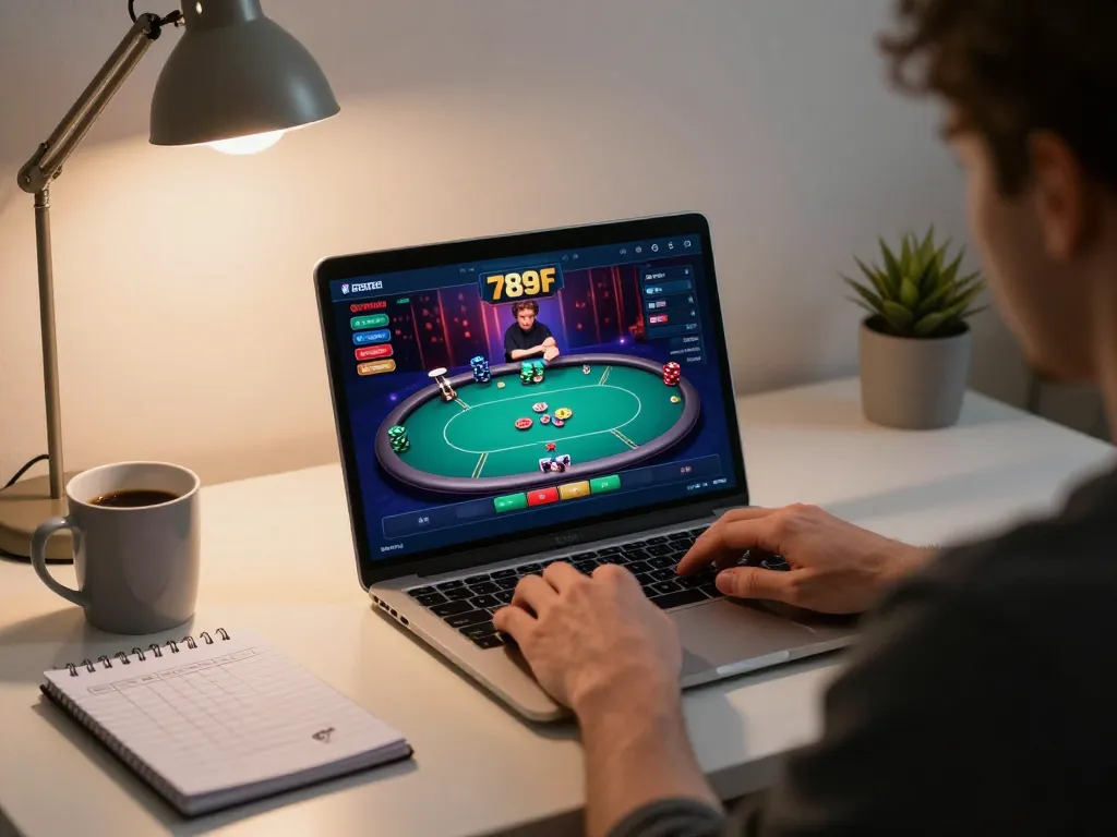 Engaged gambler playing poker on 789F online casino, showcasing strategy notes and cozy setup.