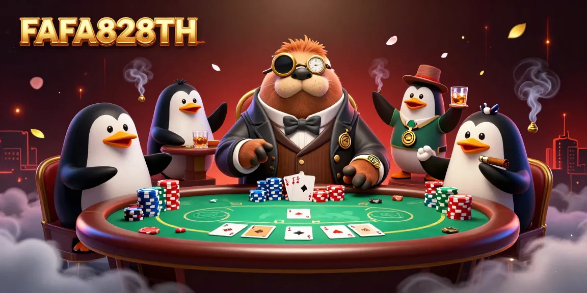 Engage in thrilling poker action at FAFA828TH with a jolly walrus dealer and energetic players.