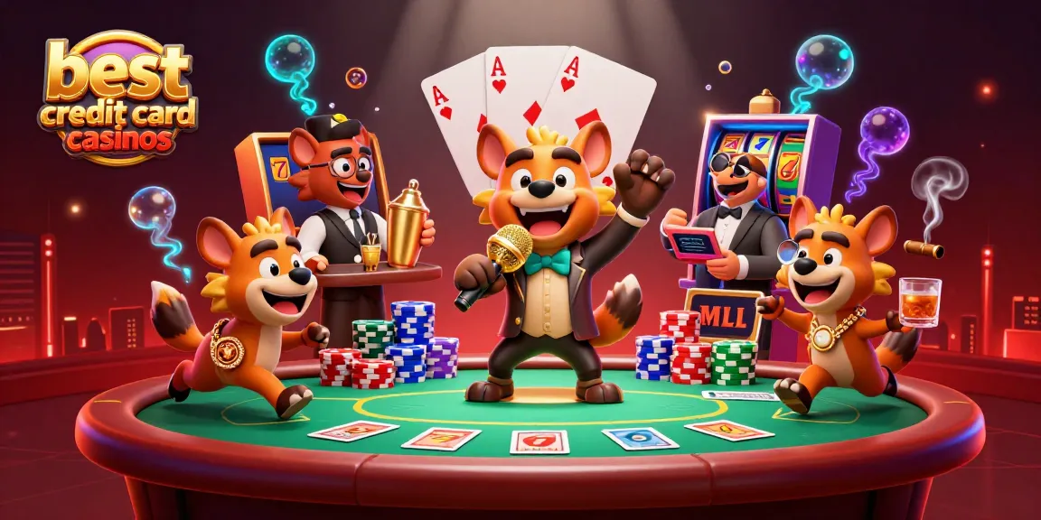 Engage with the best credit card casinos through a vibrant 3D casino scene showcasing energetic hyenas, comedy, and card games.